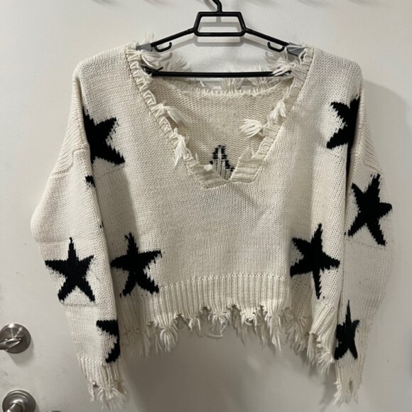Storia Womens Ivory Knit Star Patched Cropped Sweater Fringed Hem Size Large - Picture 3 of 9